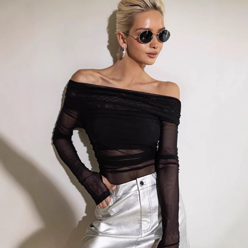 Women Top Fashion - Women Mesh Off Shoulder Top Sheer