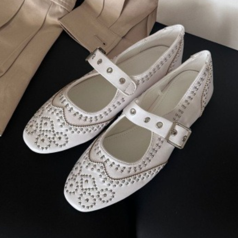 Women Fashion Heels - Retro Rivet Buckle Design Flats Women