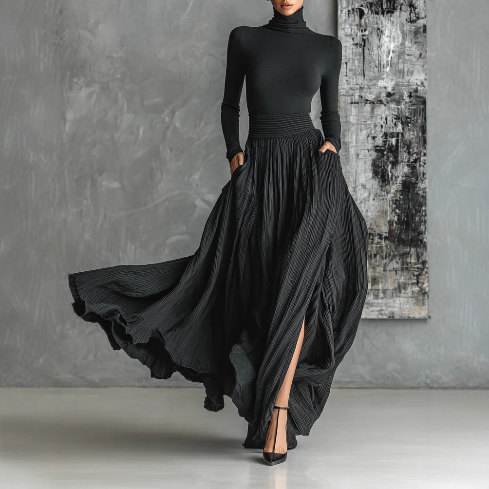 Turtleneck Bodysuit - Autumn Long Sleeve Turtleneck Top Pullover+Maxi