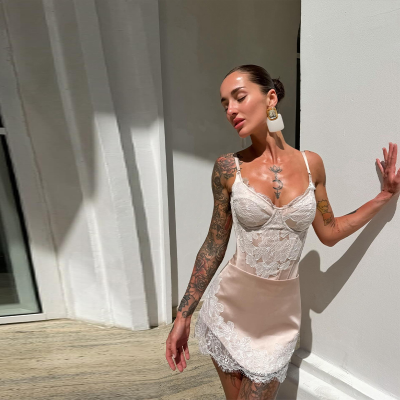 Corset Top Boned - Blush Pink Lace Satin Two Piece