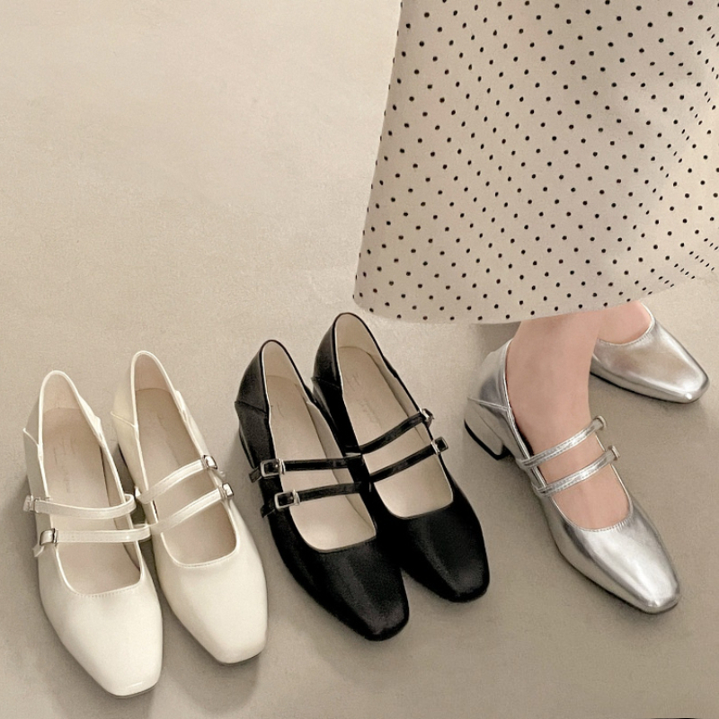 Women Fashion Heels - Square Toe Low Heel Women Silvery