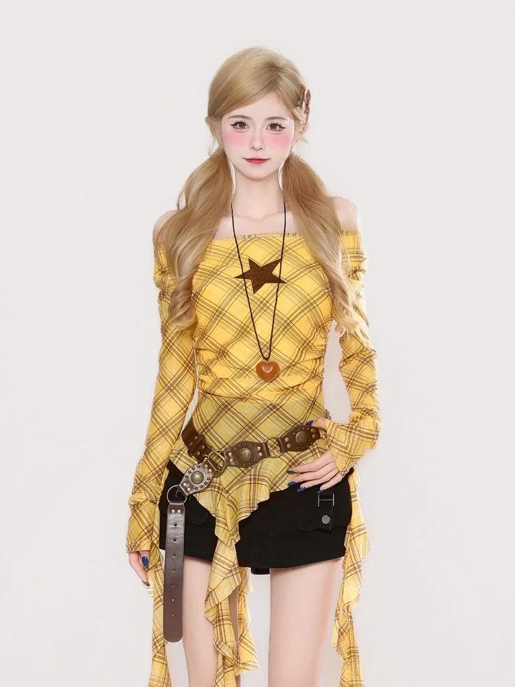 Y2K Plaid Slash Neck Vintage T - Women Top Fashion recensie en prijs