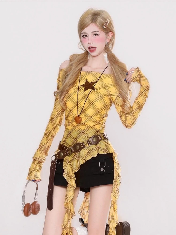 Y2K Plaid Slash Neck Vintage T - Women Top Fashion recensie en prijs