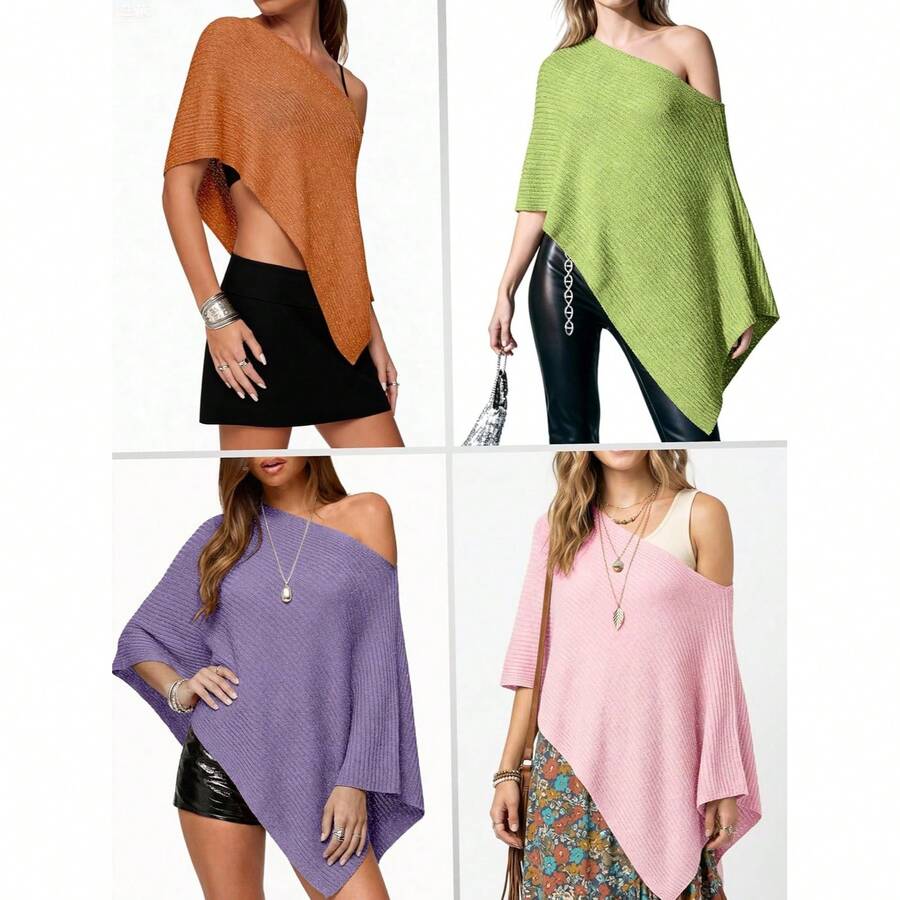 Off Shoulder Asymmetric Knit P - Women'S Fashion Poncho recensie en prijs